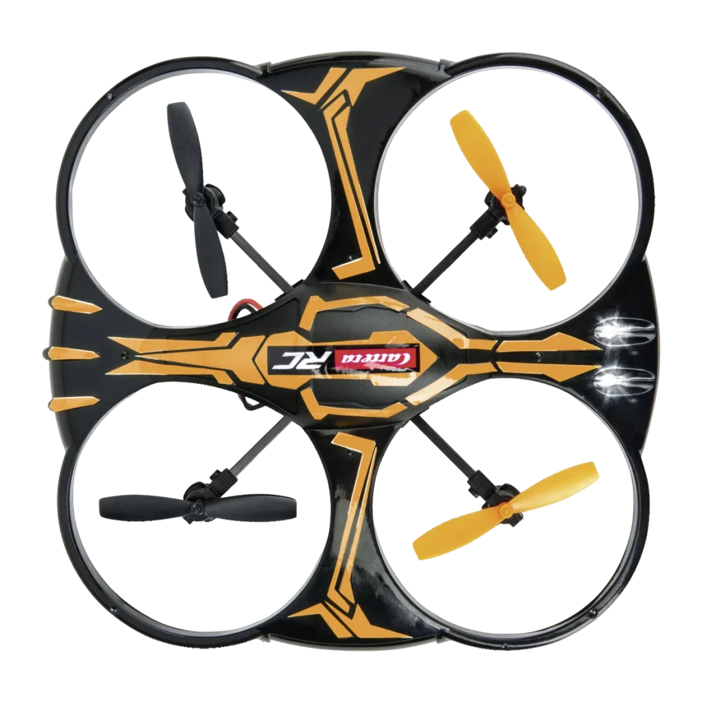 Drone Carrera RC X2 Quadcopter Naranja, vista superior: 4 hélices con guardas circulares y diseño negro y naranja