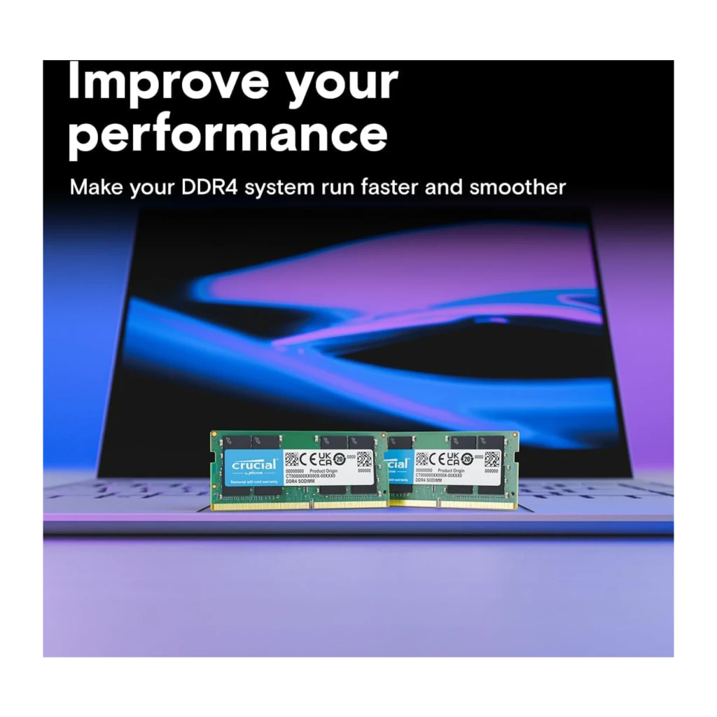 Memória RAM Crucial SO-DIMM 64GB DDR4 2x32GB 3200MHz Verde CT2K32G4SFD832A, lifestyle: 2 módulos verdes sobre laptop aberto