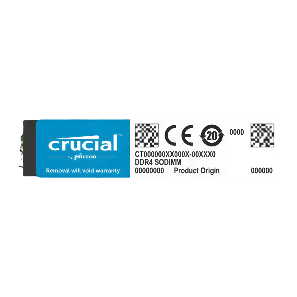 Memória RAM Crucial SO-DIMM 64GB DDR4 2x32GB 3200MHz Verde CT2K32G4SFD832A, verso: etiqueta azul com logo Crucial