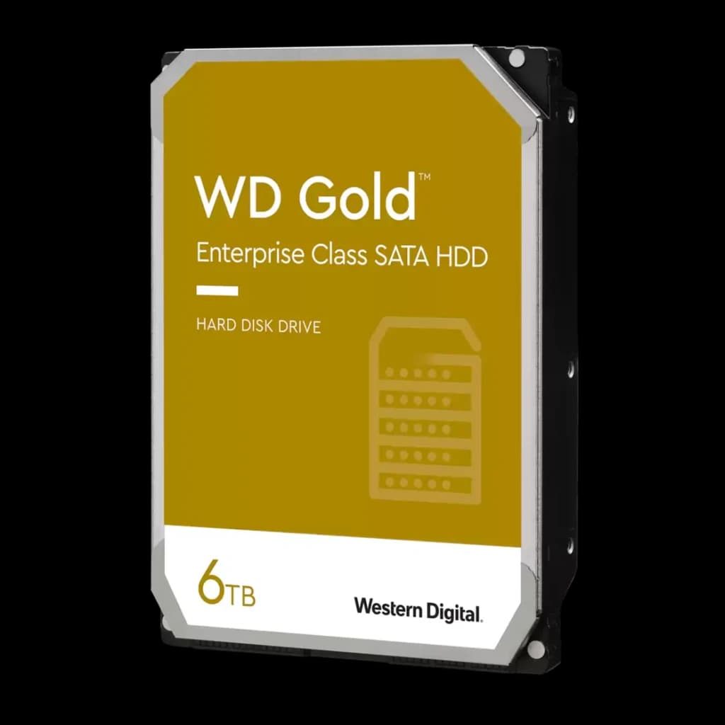 Disco rígido WD Gold 6TB 3.5 polegadas SATA III 7200RPM Cinzento WD6004FRYZ, vista frontal em ângulo: etiqueta dourada