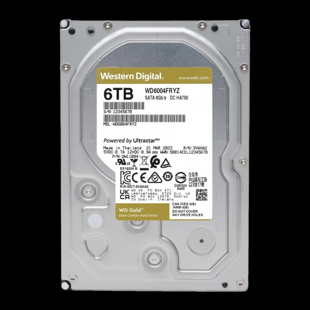Disco rígido WD Gold 6TB 3.5 polegadas SATA III 7200RPM Cinzento WD6004FRYZ, vista frontal: etiqueta dourada com capacidade