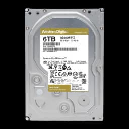 Disco rígido WD Gold 6TB 3.5 polegadas SATA III 7200RPM Cinzento WD6004FRYZ, vista frontal: etiqueta dourada com capacidade