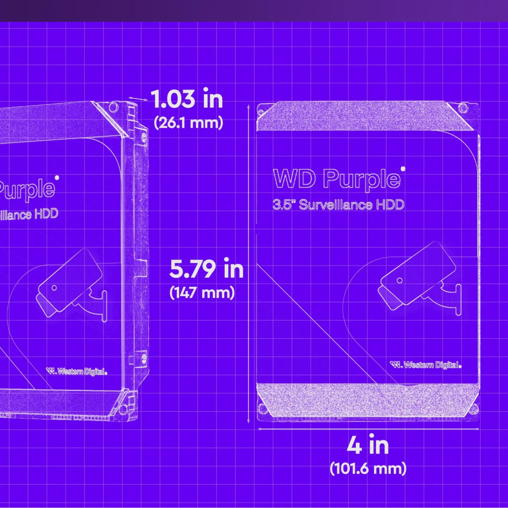 Disco duro WD Purple 4TB HDD 3,5 pulgadas SATA III 5400RPM Negro WD44PURZ, diagrama técnico: dimensiones 26,1mm alto, 147mm