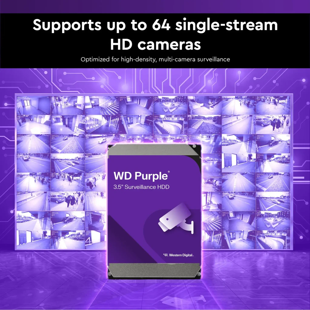 Disco duro WD Purple 4TB HDD 3,5 pulgadas SATA III 5400RPM Negro WD44PURZ, infografía: compatible con hasta 64 cámaras HD