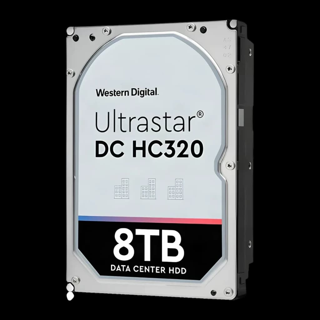 Disco rígido WD Ultrastar DC HC320 3.5 polegadas 8TB SATA3 HDD 7200RPM Cinzento, vista frontal em ângulo: etiqueta