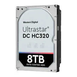 Disco rígido WD Ultrastar DC HC320 3.5 polegadas 8TB SATA3 HDD 7200RPM Cinzento, vista frontal em ângulo: etiqueta