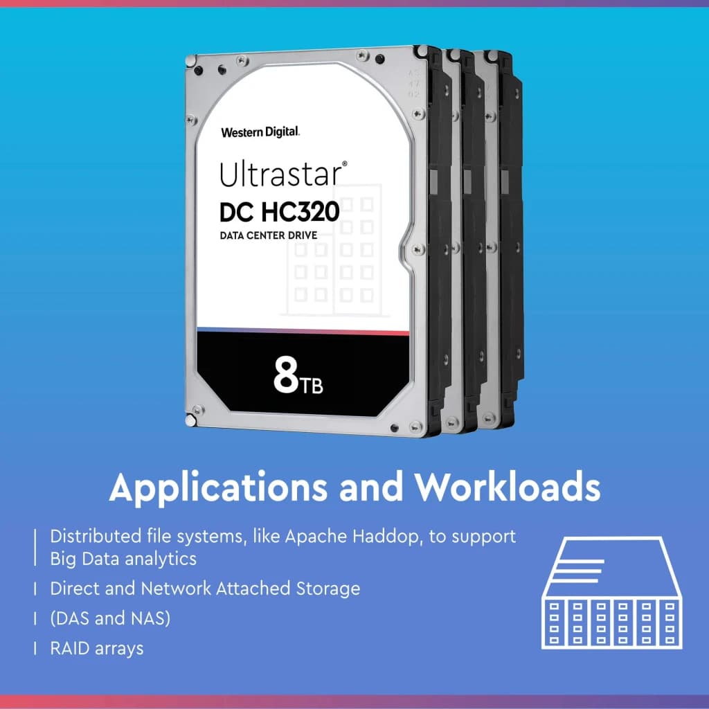 Disco rígido WD Ultrastar DC HC320 3.5 polegadas 8TB SATA3 HDD 7200RPM Cinzento, infográfico: stack de 3 unidades com casos