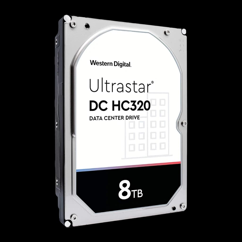 Disco rígido WD Ultrastar DC HC320 3.5 polegadas 8TB SATA3 HDD 7200RPM Cinzento, vista frontal em ângulo: etiqueta