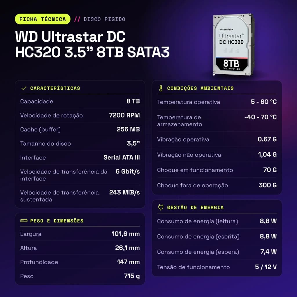 Disco rígido WD Ultrastar DC HC320 3.5 polegadas 8TB SATA3 HDD 7200RPM Cinzento - características
