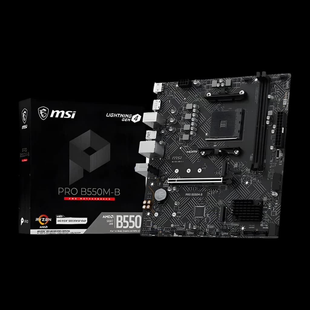 Carte mère MSI PRO B550M-B B550 AM4 DDR4 Micro-ATX Noir, vue principale: carte et boîte avec logo MSI et chipset B550