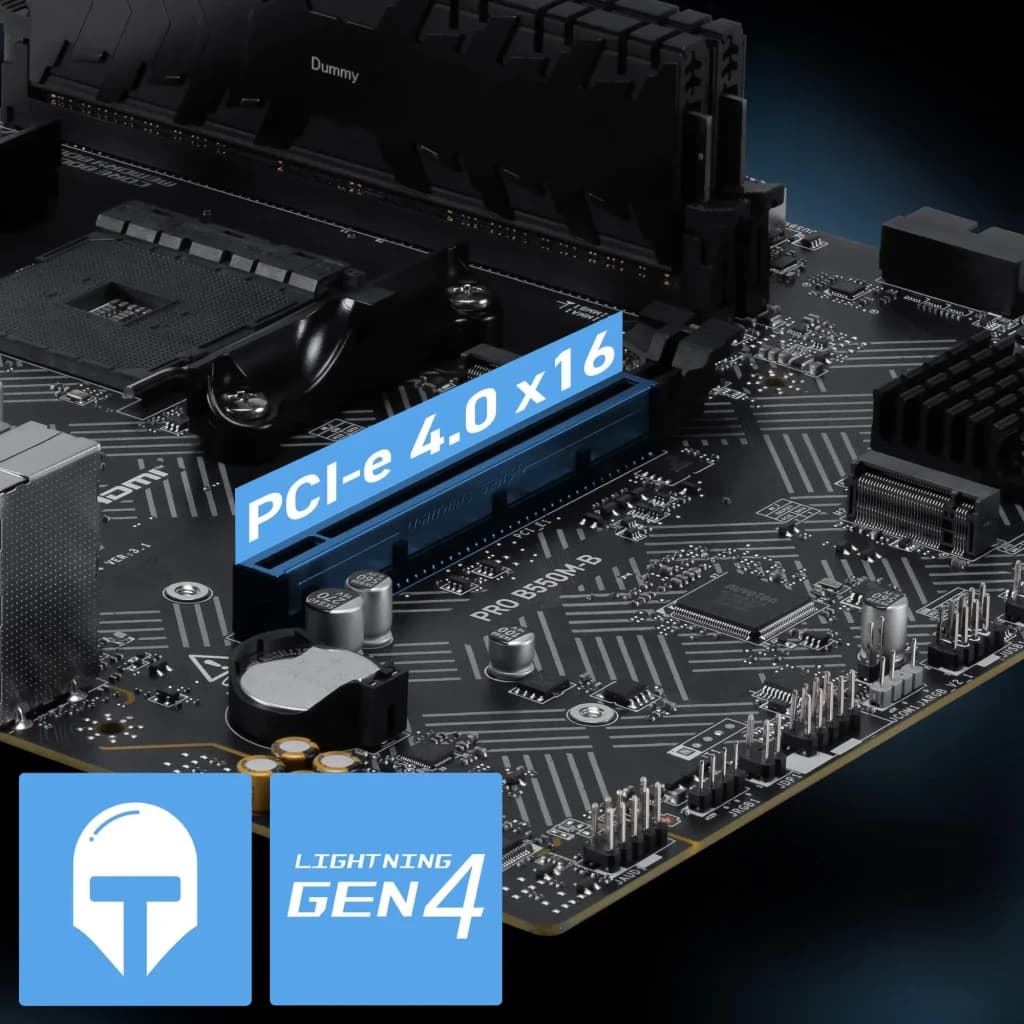 Carte mère MSI PRO B550M-B B550 AM4 DDR4 Micro-ATX Noir, détail: slot PCIe 4.0 x16 surligné en bleu avec badge Lightning Gen4