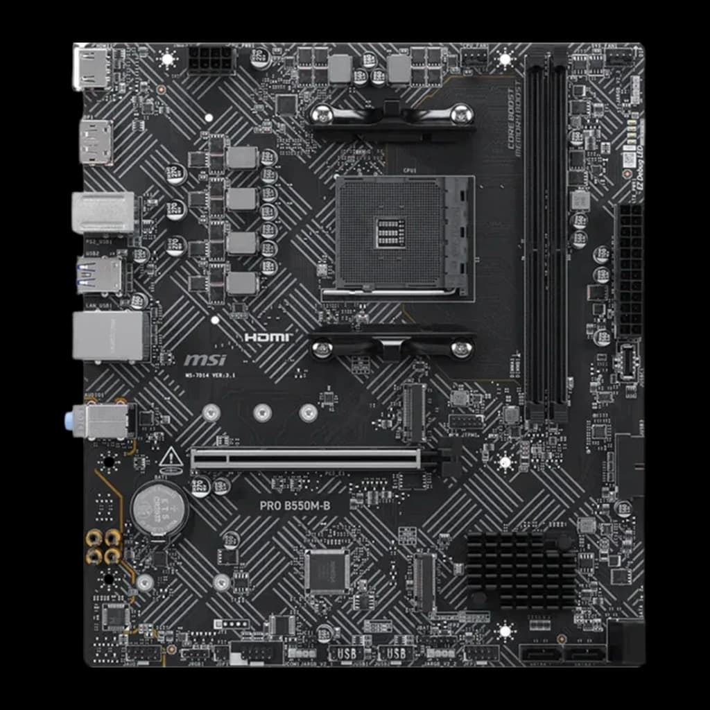 Carte mère MSI PRO B550M-B B550 AM4 DDR4 Micro-ATX Noir, vue de face: socket AM4, slot PCIe et panneau E/S