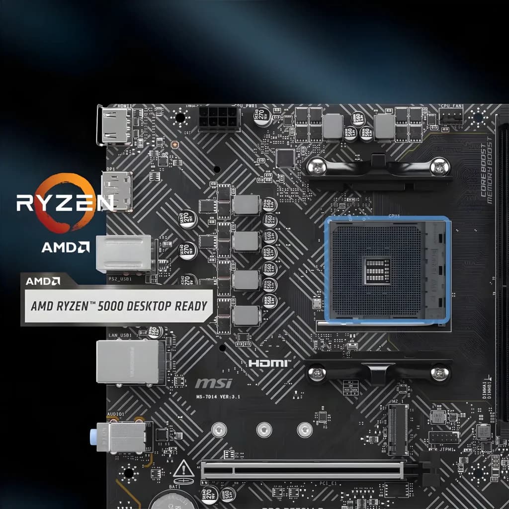 Carte mère MSI PRO B550M-B B550 AM4 DDR4 Micro-ATX Noir, vue dessus: socket AM4 et badge AMD Ryzen 5000 Desktop Ready