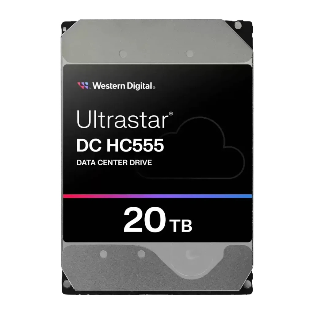 Disque dur Western Digital Ultrastar DC HC555 20To HDD 3,5 pouces 7200RPM, vue avant: étiquette noire avec logo, texte 20To