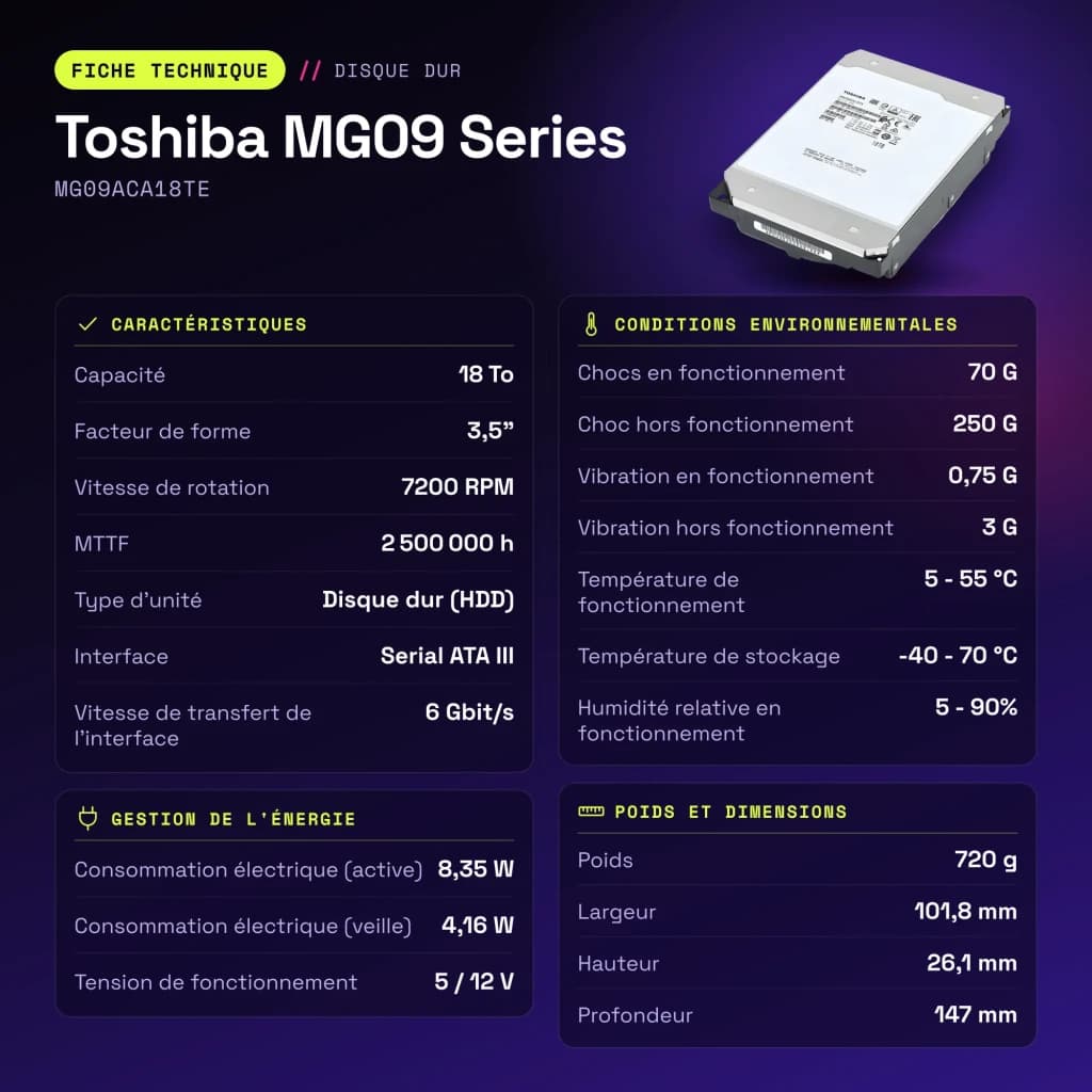 Disque dur Toshiba MG09 Series 18To 3,5 pouces 7200RPM MG09ACA18TE - caractéristiques