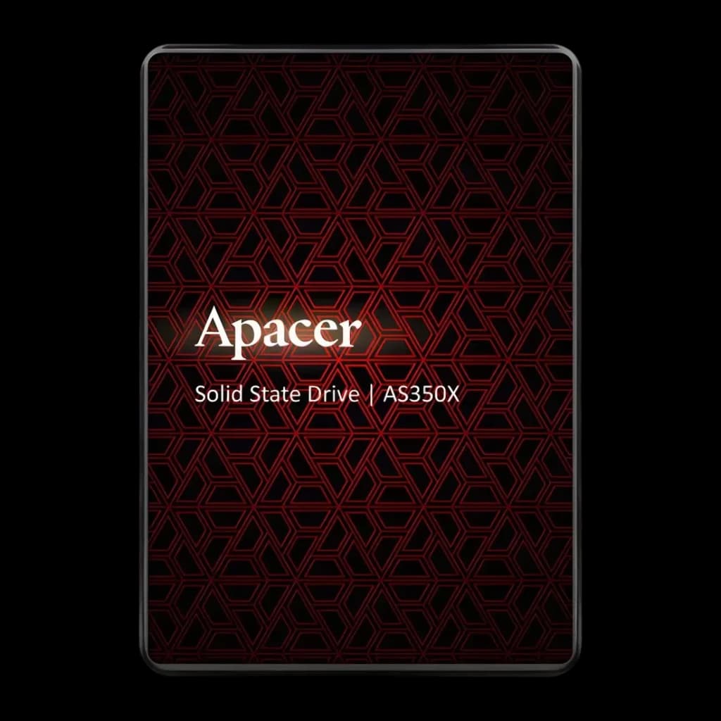 SSD Apacer AS350X 256GB 2.5 pulgadas SATA III Negro, vista frontal: carcasa negra con patrón geométrico rojo y logo Apacer