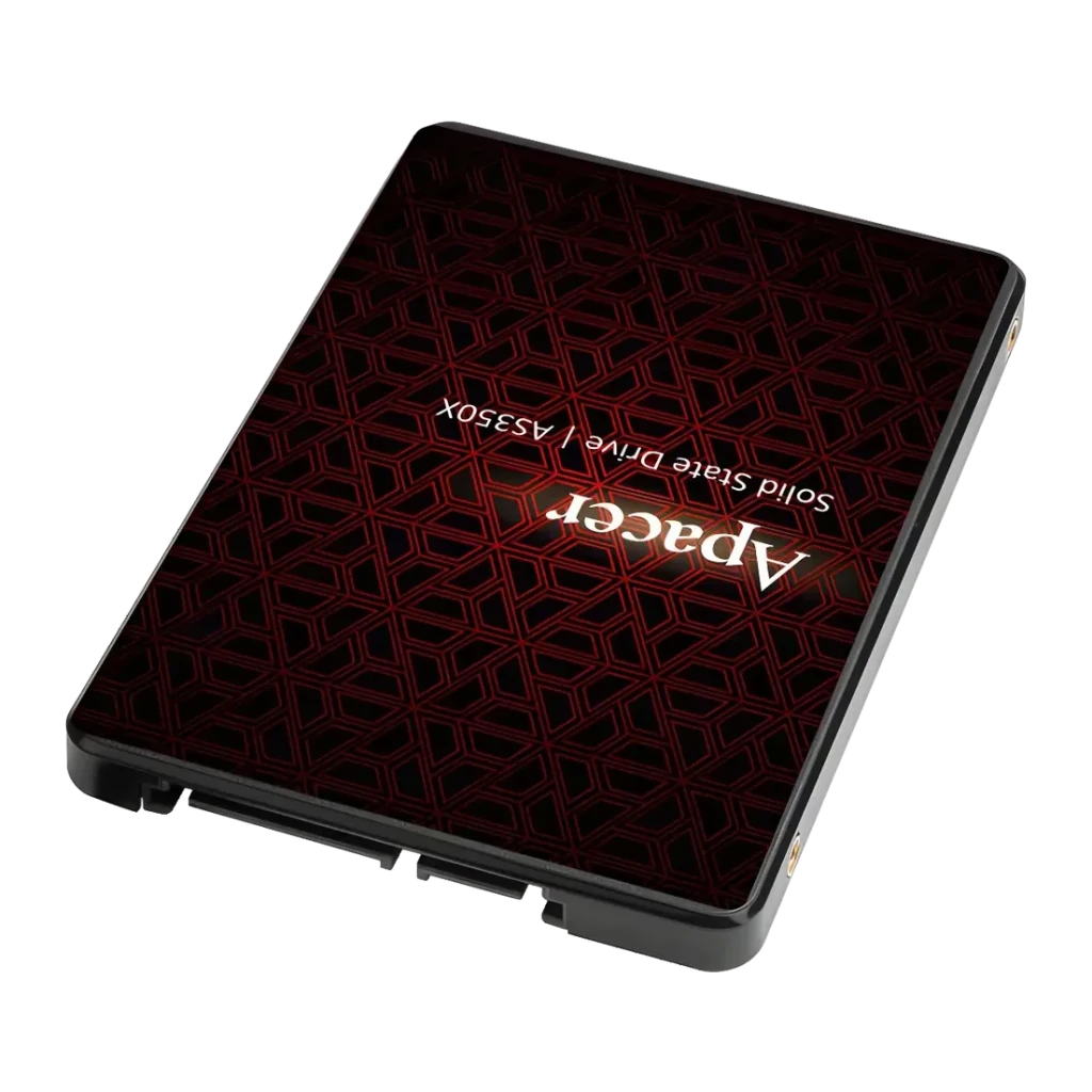 SSD Apacer AS350X 256GB 2.5 pulgadas SATA III Negro, vista en perspectiva: carcasa negra con patrón geométrico rojo