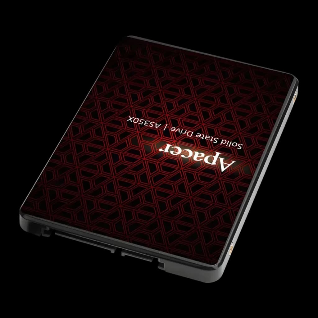 SSD Apacer AS350X 256GB 2.5 pulgadas SATA III Negro, vista en perspectiva: carcasa negra con patrón geométrico rojo