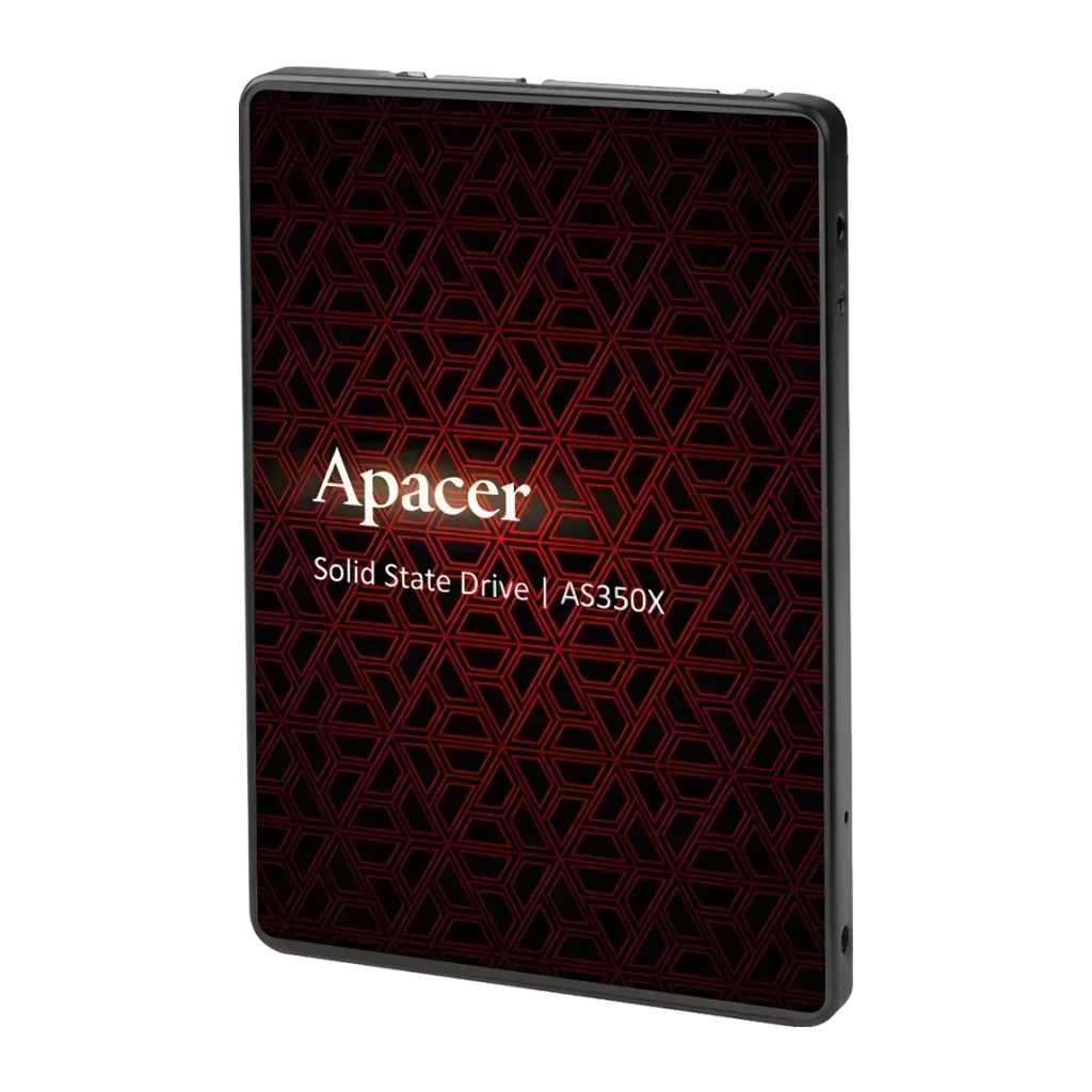 SSD Apacer AS350X 256GB 2.5 pulgadas SATA III Negro, vista frontal en ángulo: tapa con patrón geométrico rojo y logo Apacer