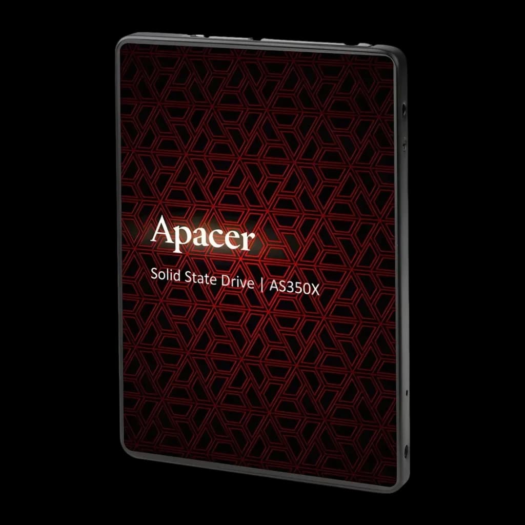 SSD Apacer AS350X 256GB 2.5 pulgadas SATA III Negro, vista frontal en ángulo: tapa con patrón geométrico rojo y logo Apacer