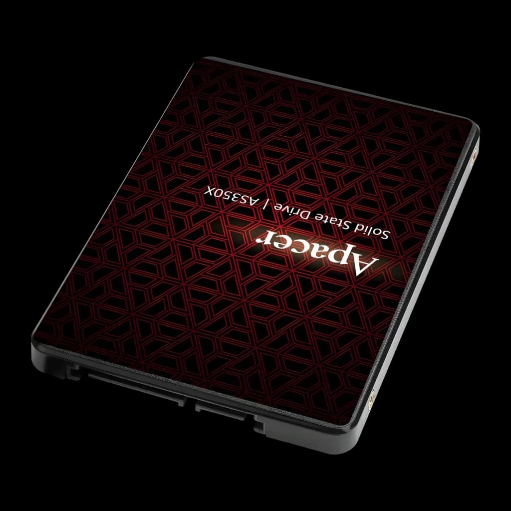 SSD Apacer AS350X 256GB 2.5 pulgadas SATA III Negro, vista superior en ángulo: tapa con patrón geométrico rojo y logo