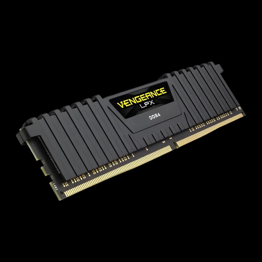 Memoria RAM Corsair Vengeance LPX 16GB DDR4 2400MHz 1x16GB Negro, vista en perspectiva: disipador negro con logo amarillo