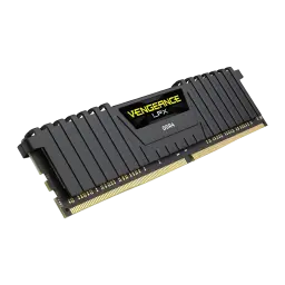 Memoria RAM Corsair Vengeance LPX 16GB DDR4 2400MHz 1x16GB Negro, vista en perspectiva: disipador negro con logo amarillo