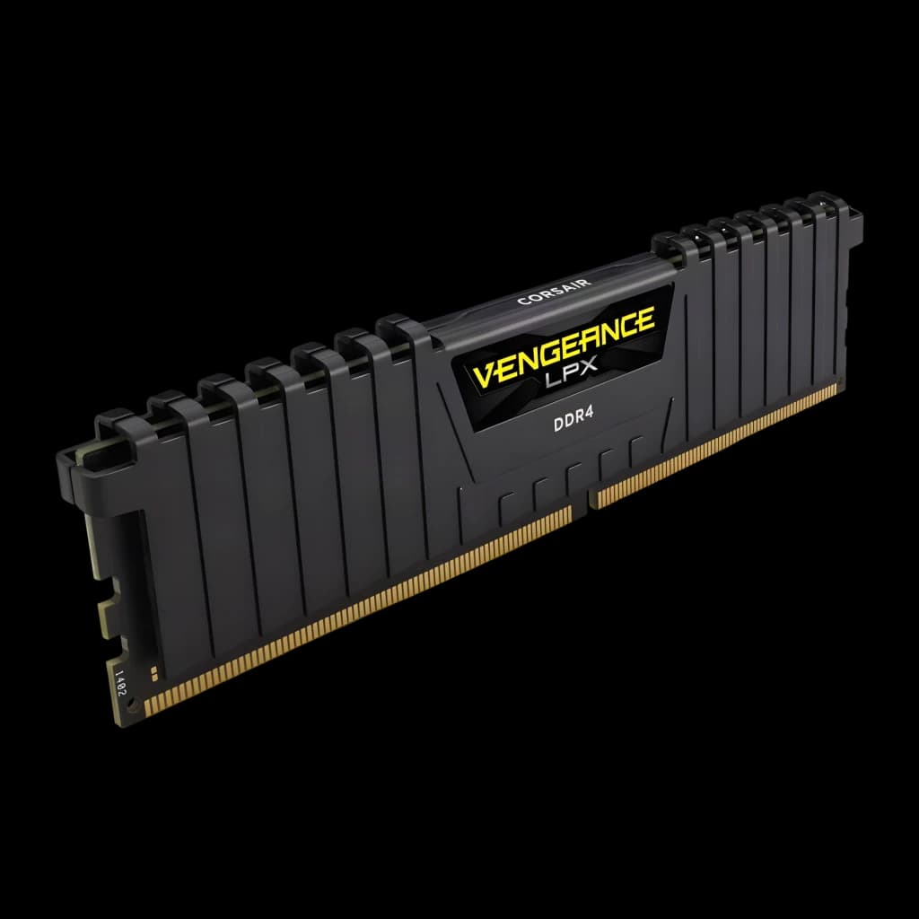 Memoria RAM Corsair Vengeance LPX 16GB DDR4 2400MHz 1x16GB Negro, vista en ángulo: disipador negro con logo Vengeance LPX