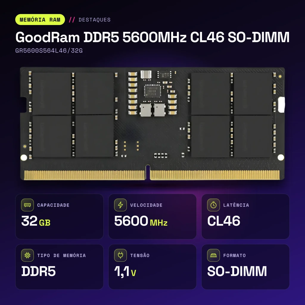 Memória RAM GoodRam DDR5 5600MHz CL46 SO-DIMM 32GB 1x32GB Preto GR5600S564L46/32G - características