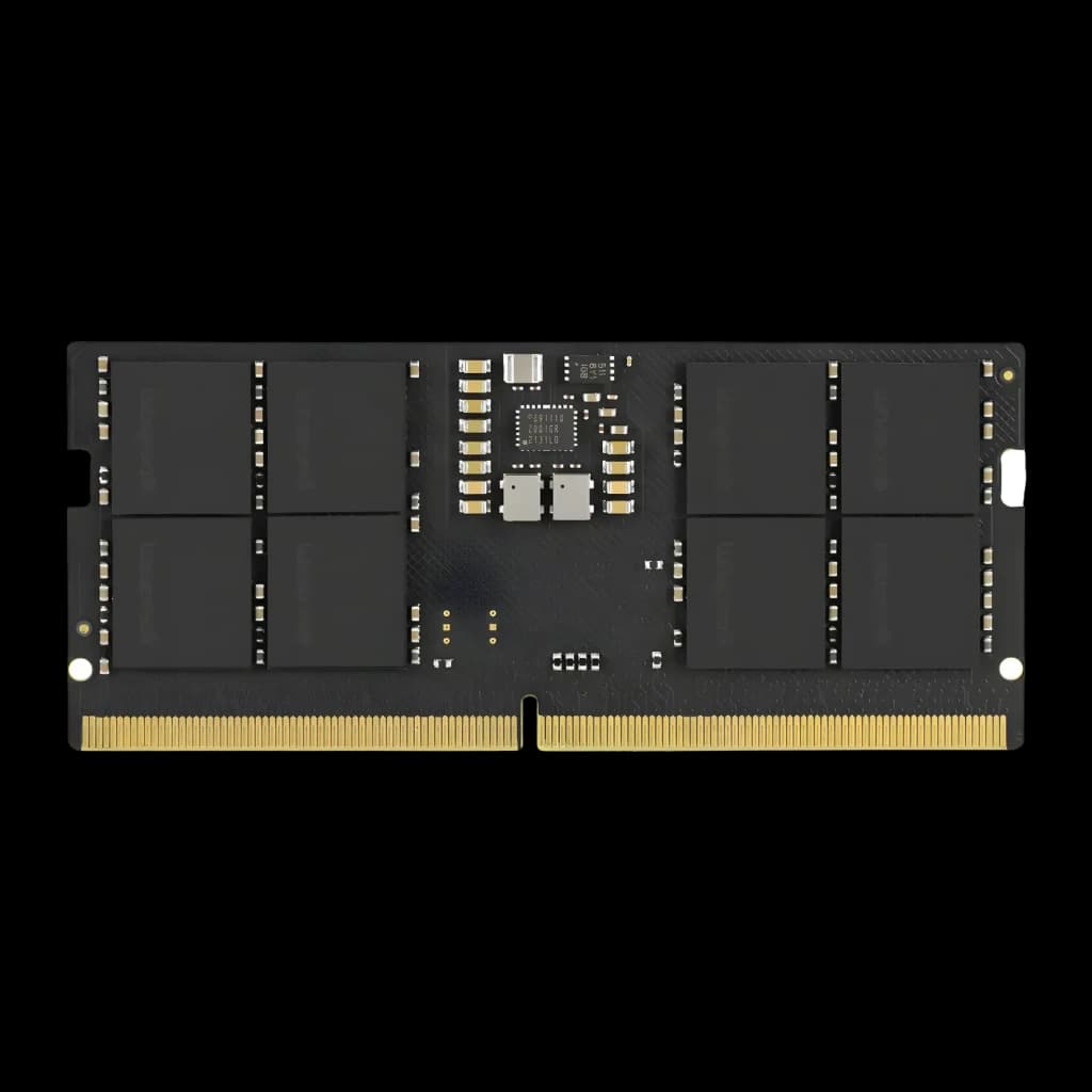 Memória RAM GoodRam DDR5 5600MHz CL46 SO-DIMM 32GB 1x32GB Preto GR5600S564L46/32G, frontal: PCB preto com chips e contactos