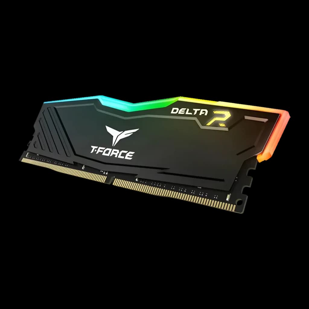 Memória RAM Team Group T-Force Delta RGB DDR4 3200 MHz 16GB (2x8GB) CL16 Preto, vista em ângulo: dissipador preto