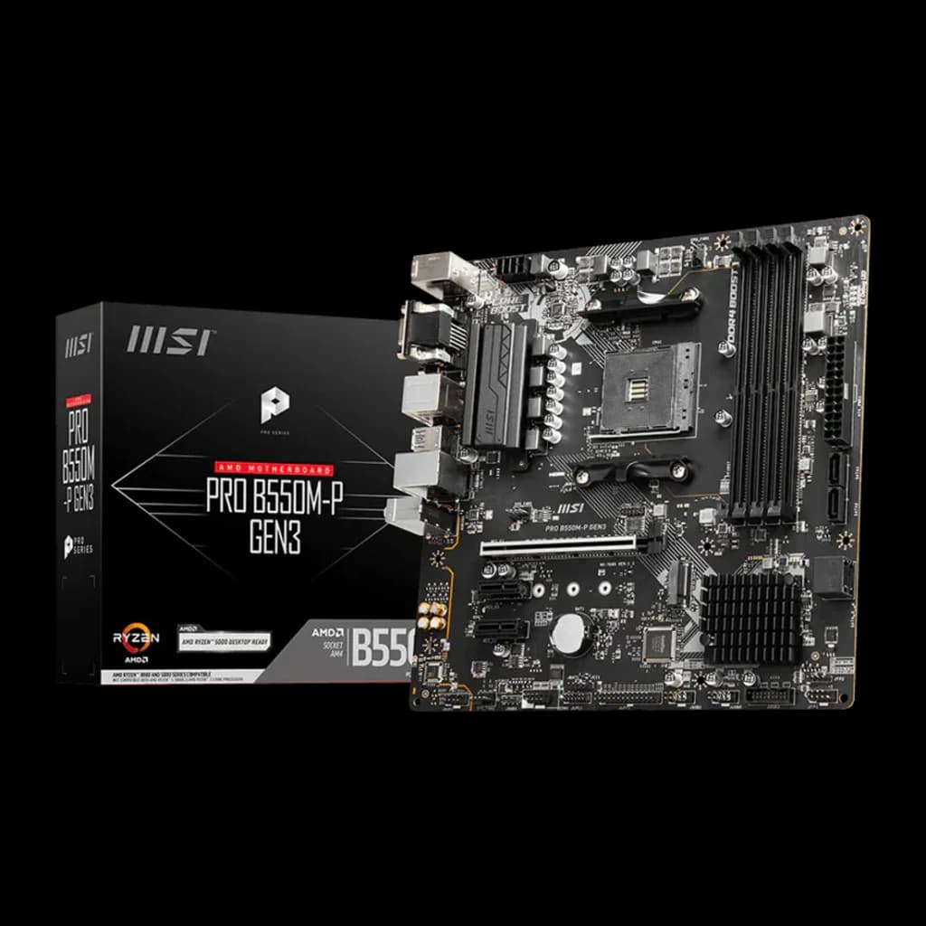 Carte mère MSI PRO B550M-P WiFi6E B550 AM4 DDR4 Micro-ATX WiFi 6E Noir, vue principale: carte et boîte en angle frontal