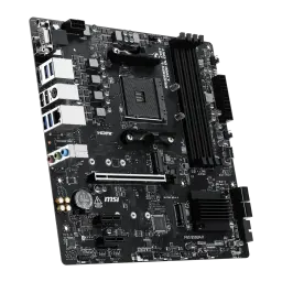 Carte mère MSI PRO B550M-P WiFi6E B550 AM4 DDR4 Micro-ATX WiFi 6E Noir, vue en angle: socket AM4, slots DDR4 et panneau