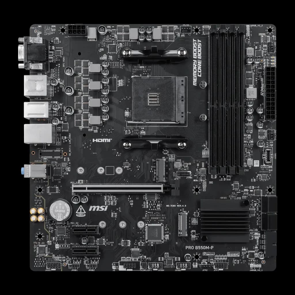 Carte mère MSI PRO B550M-P WiFi6E B550 AM4 DDR4 Micro-ATX WiFi 6E Noir, vue dessus: socket AM4, slots DDR4 et slot PCIe