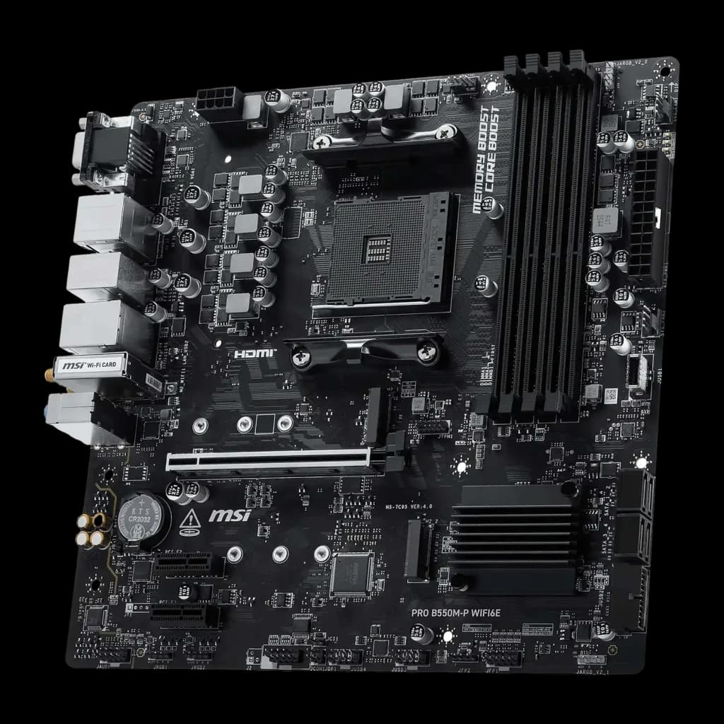 Carte mère MSI PRO B550M-P WiFi6E B550 AM4 DDR4 Micro-ATX WiFi 6E Noir, vue de face: socket AM4, slots DDR4, dissipateur VRM