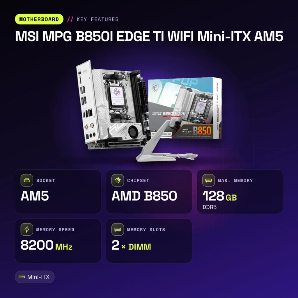 Carte mère MSI MPG B850I EDGE TI WIFI Mini-ITX AM5 AMD B850 DDR5 Gris - caractéristiques