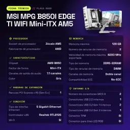 Carte mère MSI MPG B850I EDGE TI WIFI Mini-ITX AM5 AMD B850 DDR5 Gris - caractéristiques