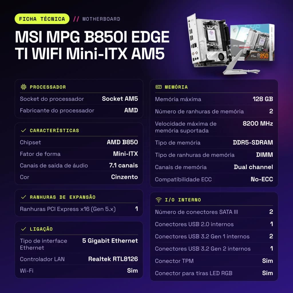 Carte mère MSI MPG B850I EDGE TI WIFI Mini-ITX AM5 AMD B850 DDR5 Gris - caractéristiques