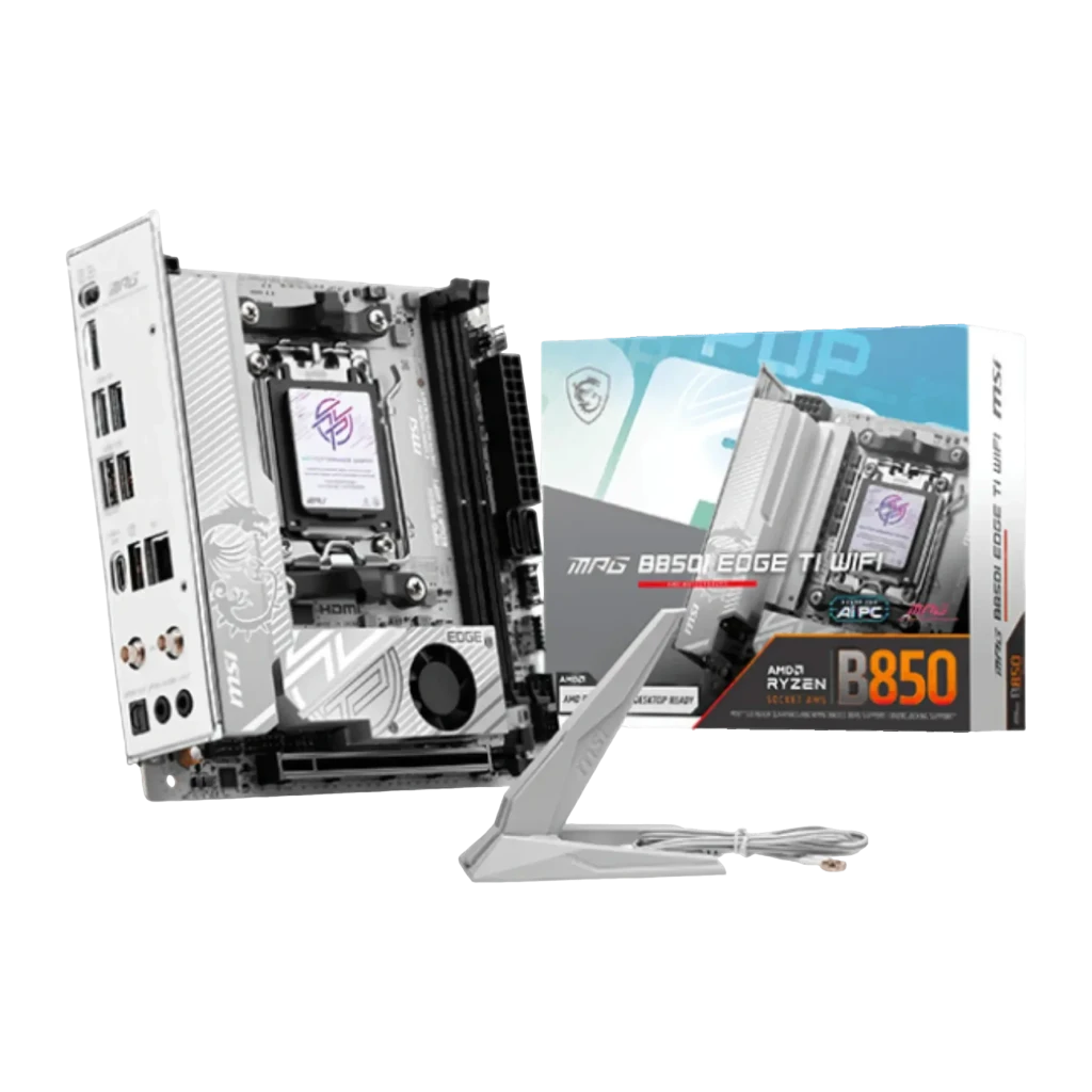Carte mère MSI MPG B850I EDGE TI WIFI Mini-ITX AM5 AMD B850 DDR5 Gris, vue avant: carte avec antenne WiFi et boîte du produit