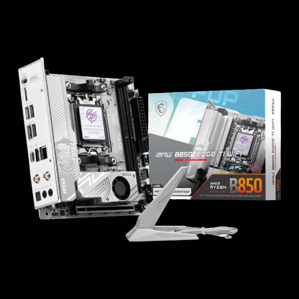 Carte mère MSI MPG B850I EDGE TI WIFI Mini-ITX AM5 AMD B850 DDR5 Gris, vue avant: carte avec antenne WiFi et boîte du produit