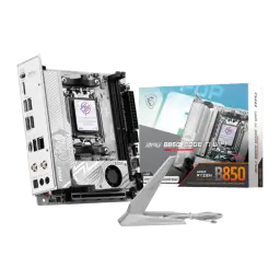 Carte mère MSI MPG B850I EDGE TI WIFI Mini-ITX AM5 AMD B850 DDR5 Gris, vue avant: carte avec antenne WiFi et boîte du produit