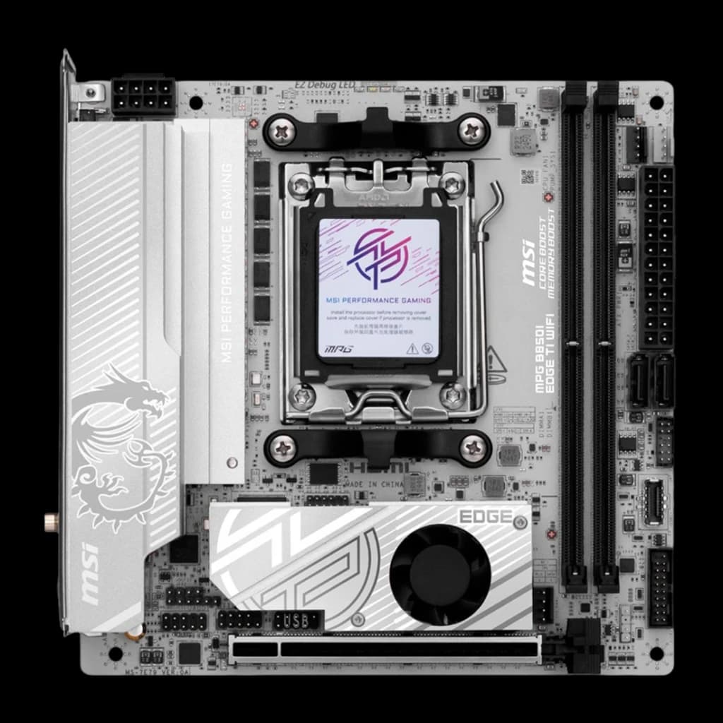 Carte mère MSI MPG B850I EDGE TI WIFI Mini-ITX AM5 AMD B850 DDR5 Gris, vue de face: socket AM5, dissipateur VRM blanc