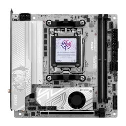 Carte mère MSI MPG B850I EDGE TI WIFI Mini-ITX AM5 AMD B850 DDR5 Gris, vue de face: socket AM5, dissipateur VRM blanc