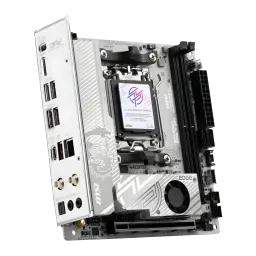 Carte mère MSI MPG B850I EDGE TI WIFI Mini-ITX AM5 AMD B850 DDR5 Gris, vue en angle: socket AM5, panneau I/O intégré