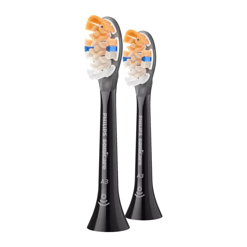 Cabeça de escova elétrica Philips Sonicare A3 Premium All-in-One Pack 2 Preto HX9092/88, vista frontal: duas cabeças pretas