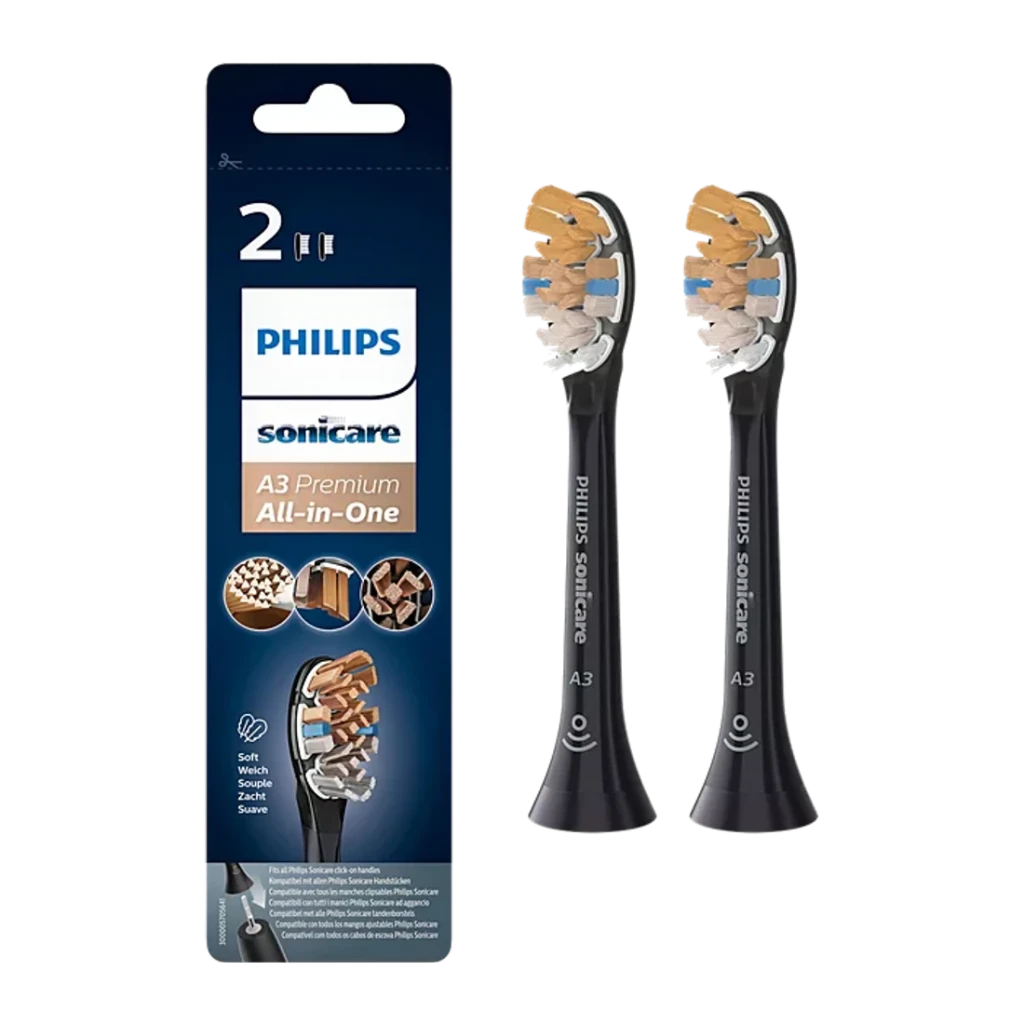 Cabeça de escova elétrica Philips Sonicare A3 Premium All-in-One Pack 2 Preto HX9092/88, pack: 2 cabeças pretas ao lado