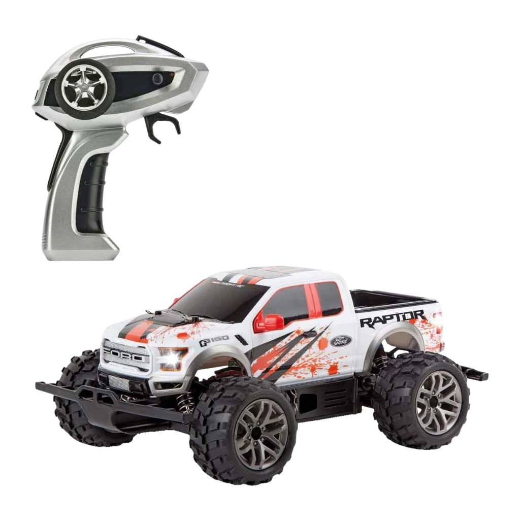 Voiture RC Carrera Ford Raptor 2.4GHz 1:18 50km/h F-150, vue 3/4 avant: pickup blanc avec décoration orange et télécommande