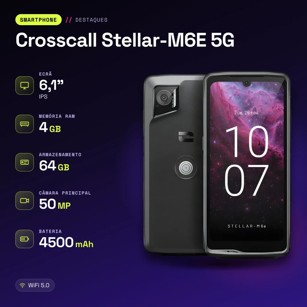 Crosscall Stellar-M6E 5G 4GB/64GB Preto 6,1 polegadas IPS 50MP NFC - características