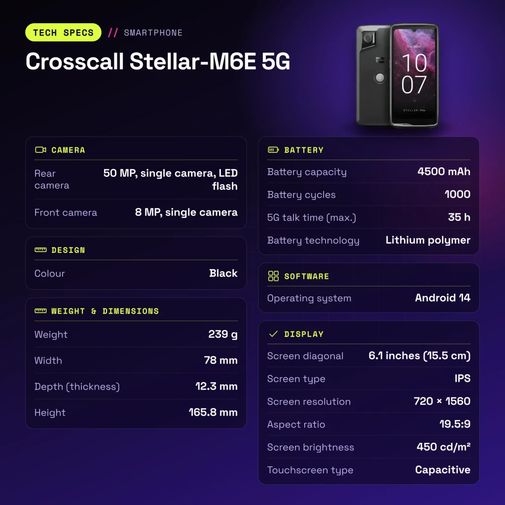 Crosscall Stellar-M6E 5G 4GB/64GB Preto 6,1 polegadas IPS 50MP NFC - características