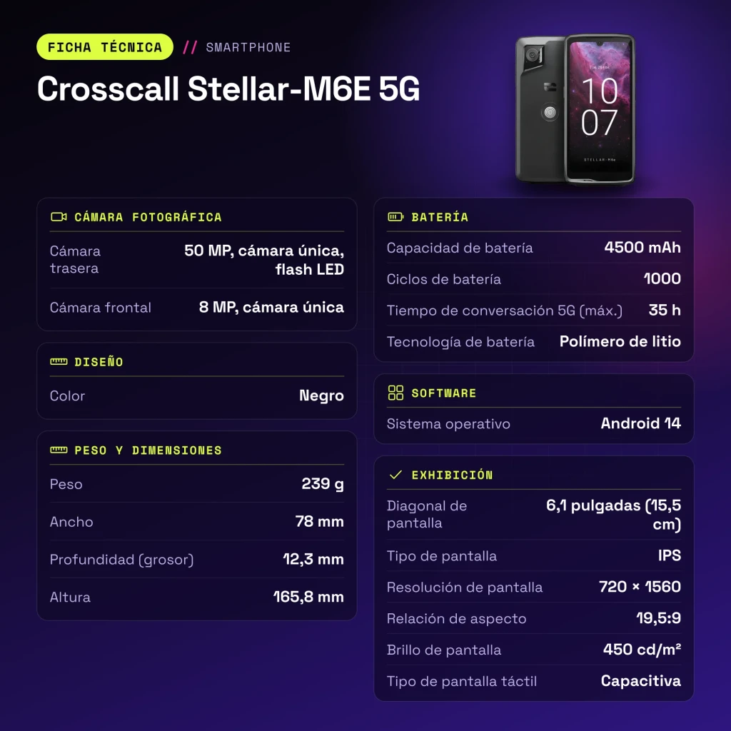Crosscall Stellar-M6E 5G 4GB/64GB Preto 6,1 polegadas IPS 50MP NFC - características